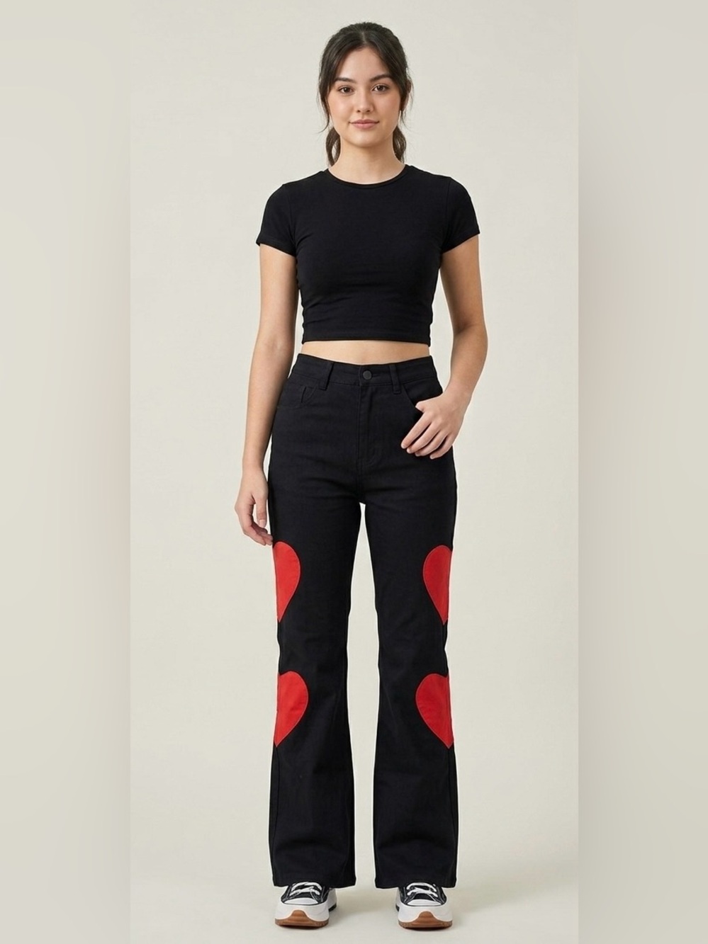 High-Waist Heart Patch Flared Pants – Y2K Black & Red Statement Flare Trousers